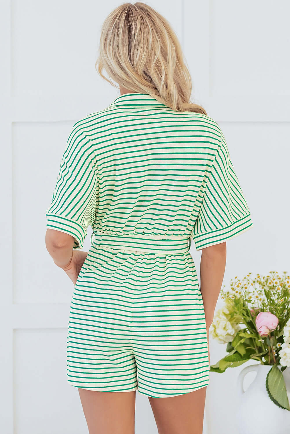Striped Romper with Textured Fabric and Short Sleeves