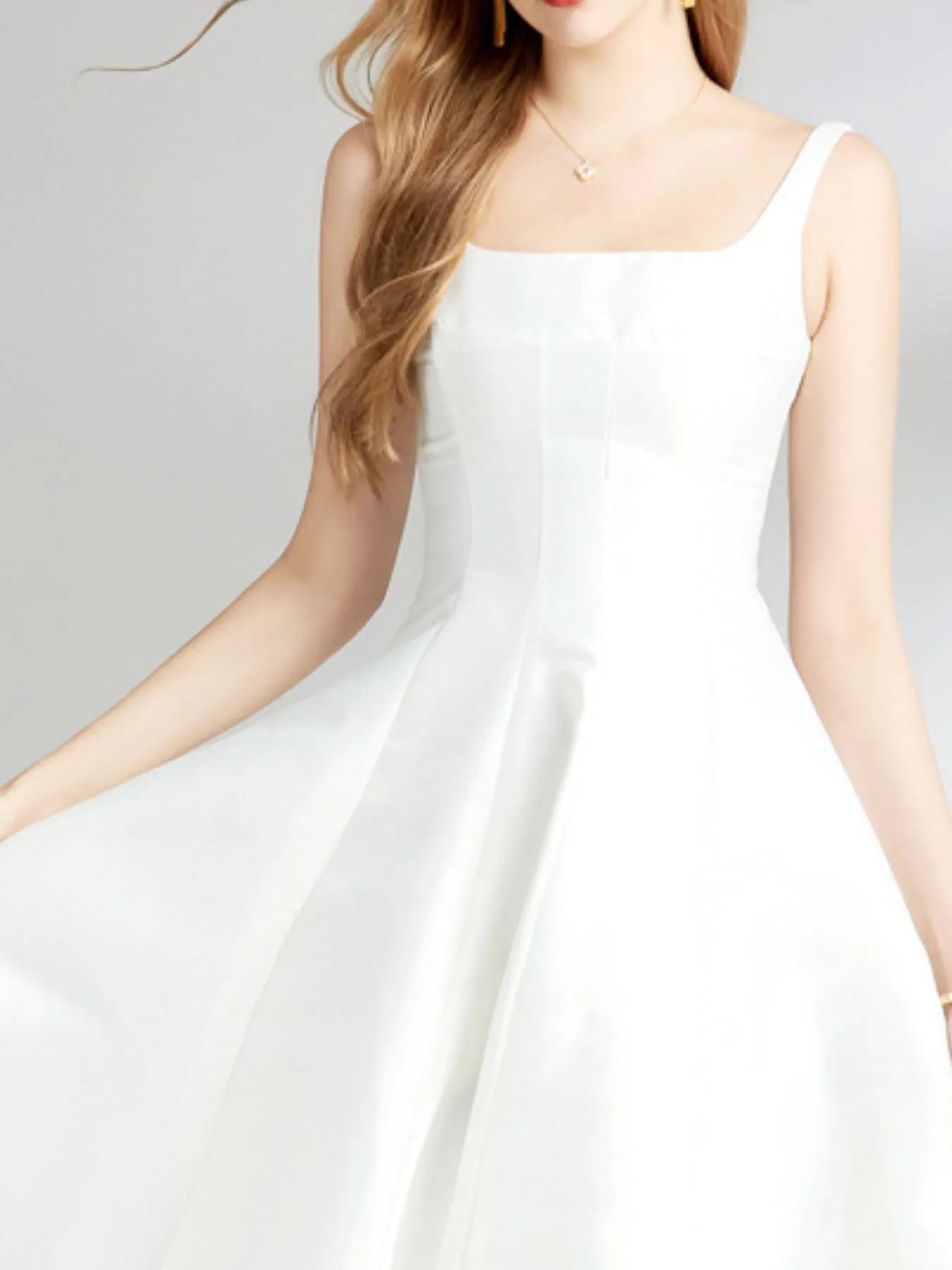 Polyester Evening Dress for Women featuring a sophisticated white design and elegant square neckline.