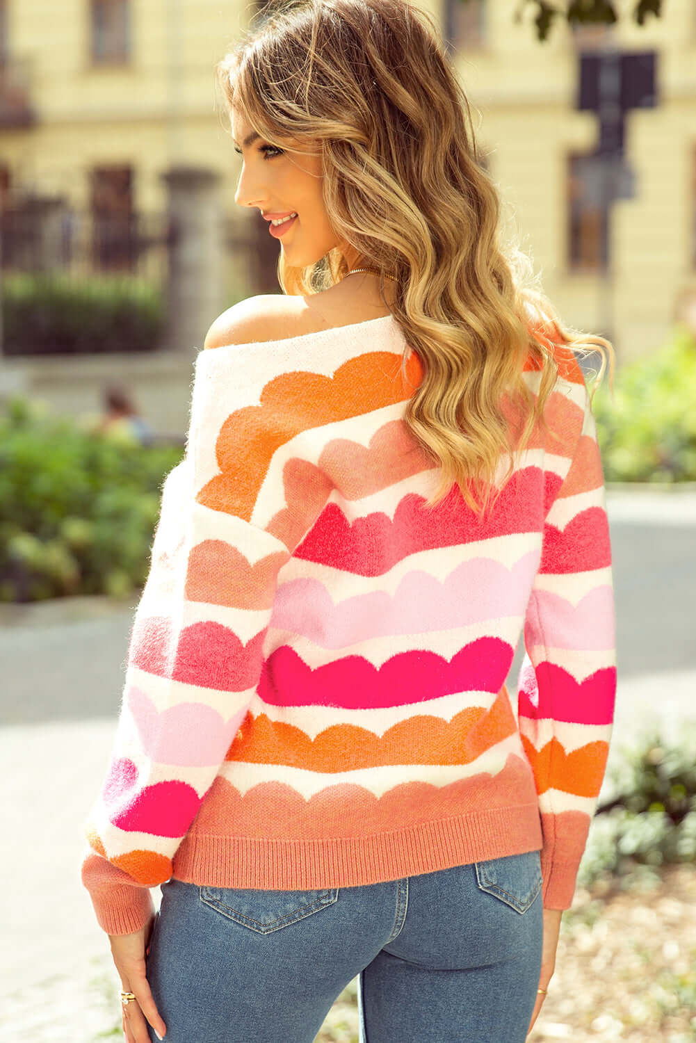 Wave Striped Balloon Sleeve Sweater for Women