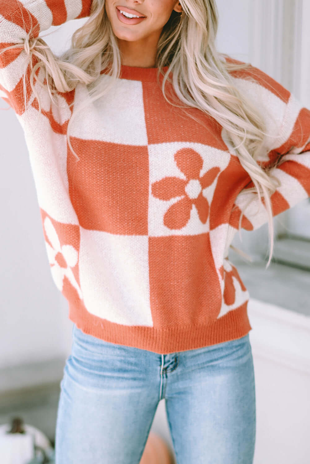  Checkered Floral Striped Sleeve Sweater with Ribbed Details 