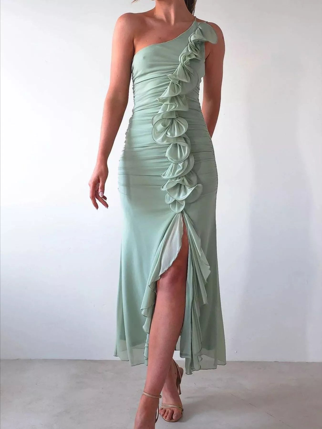 Elegant One-Shoulder Ruffle Slit Dress styling