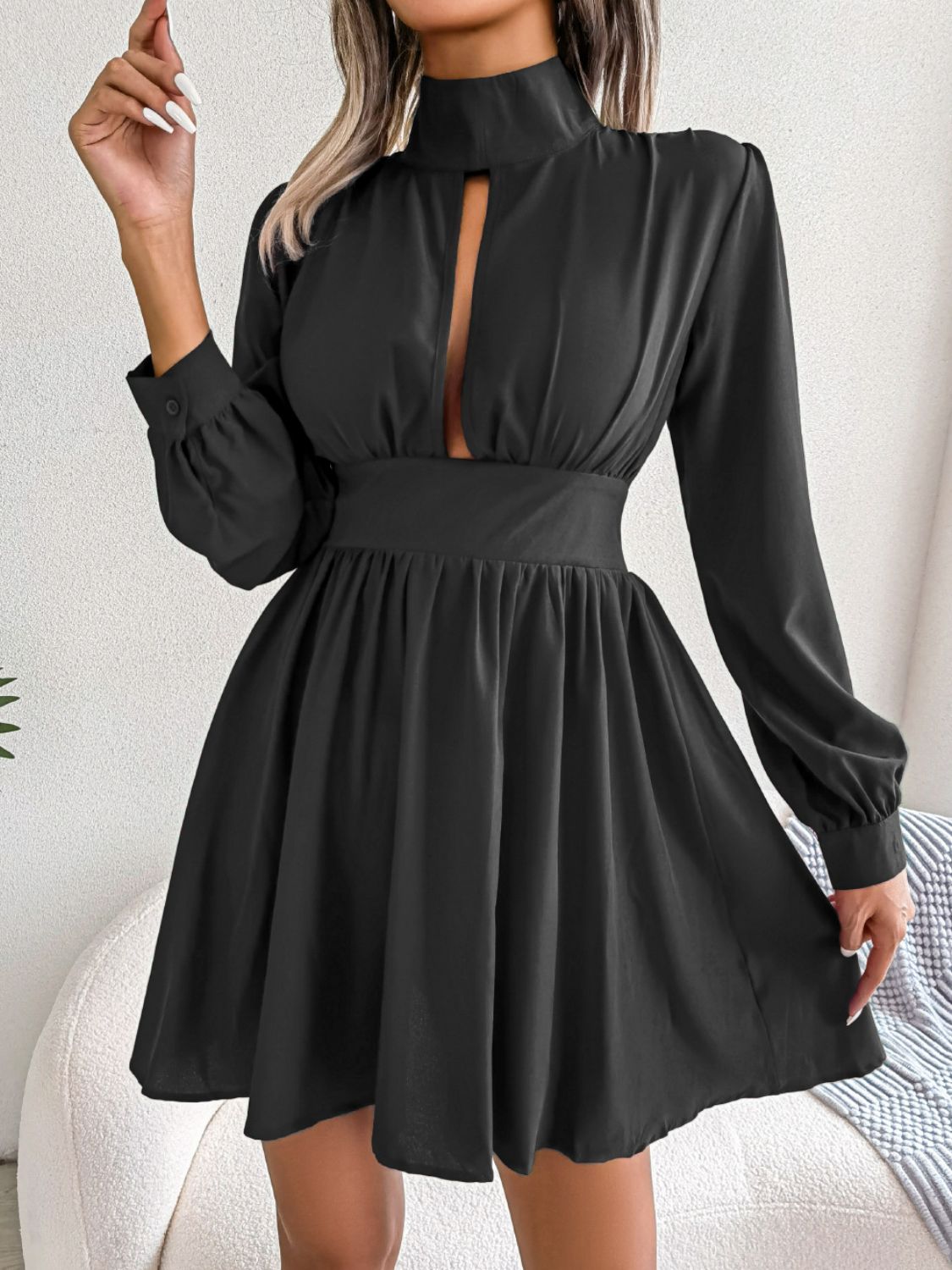  Keyhole A Line Mini Dress Casual Long Sleeve Style