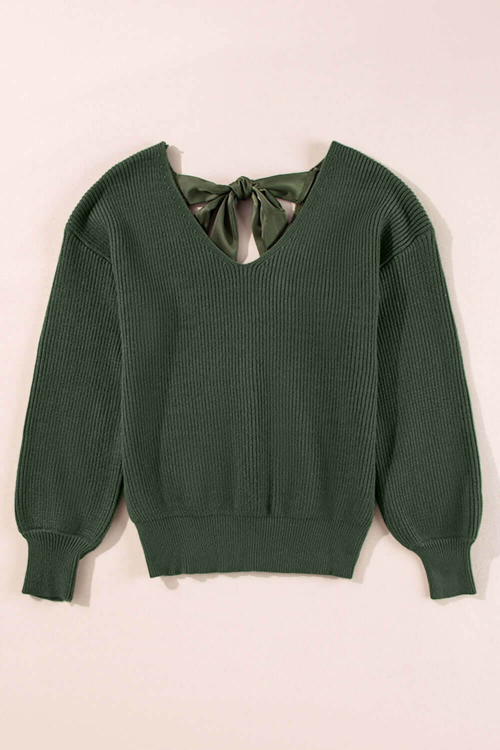 V-Neck Lantern Sleeve Sweater for Women – Stylish Back Knot Design