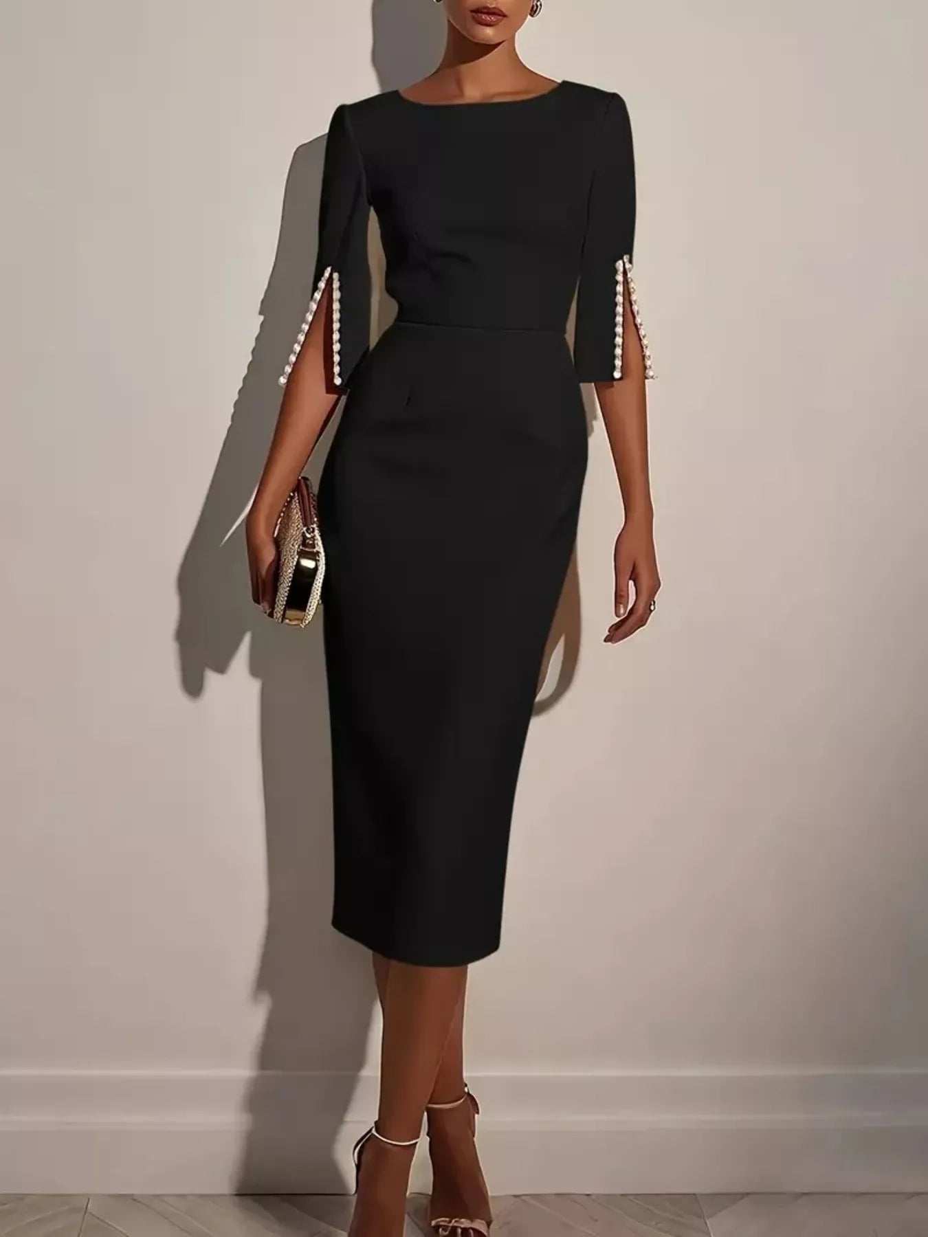 Slim-Fit Elegant Midi Dress with Beaded Slit Sleeve back view