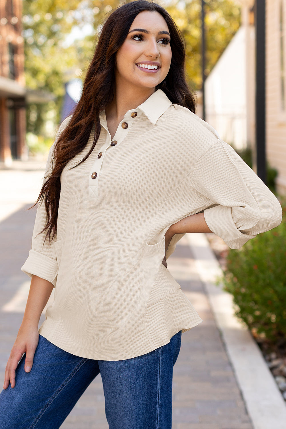 Waffle Knit Button Up Top – Cozy Long Sleeve Casual Shirt