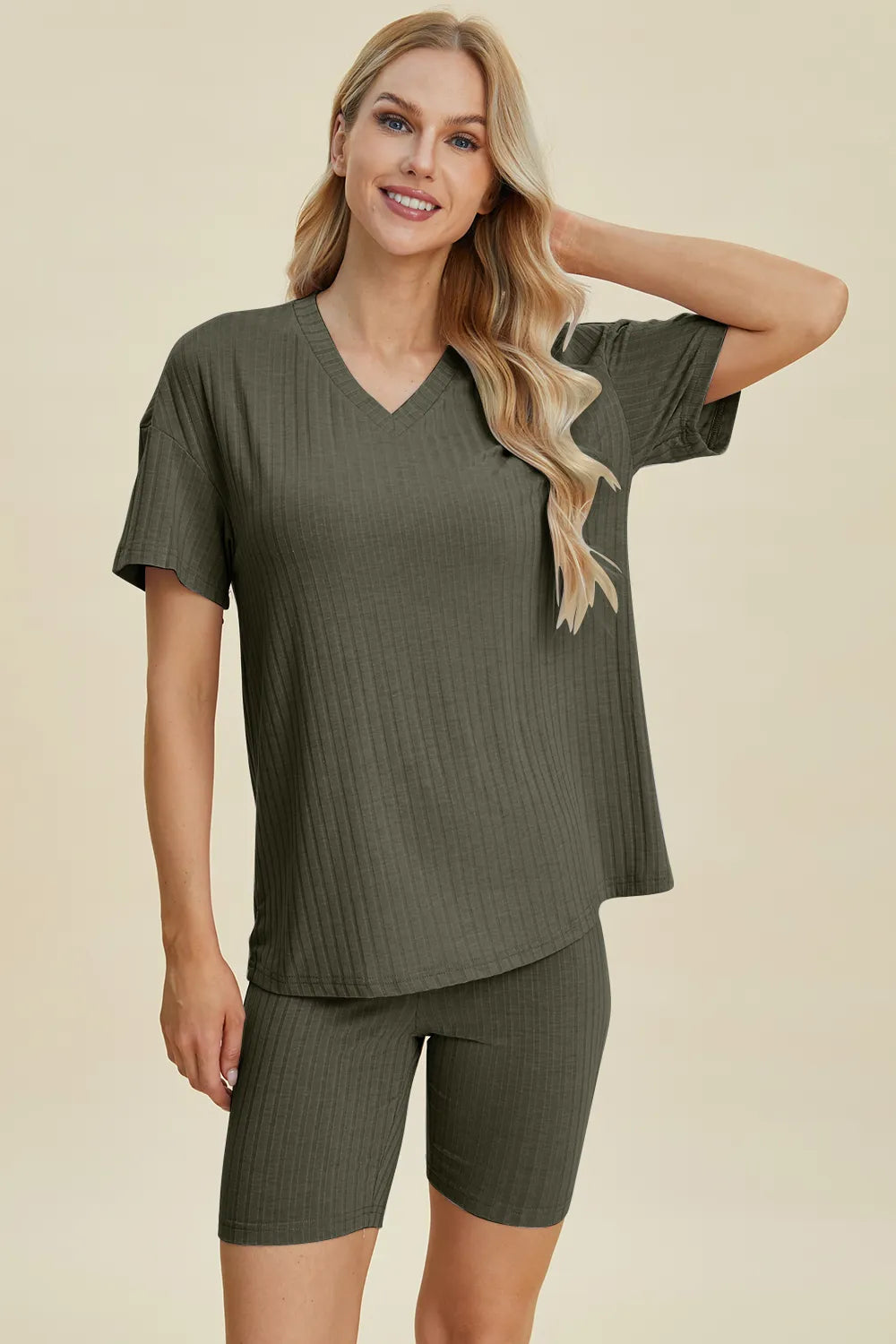 Ribbed V-Neck Short Sleeve Top and Shorts Set for Women