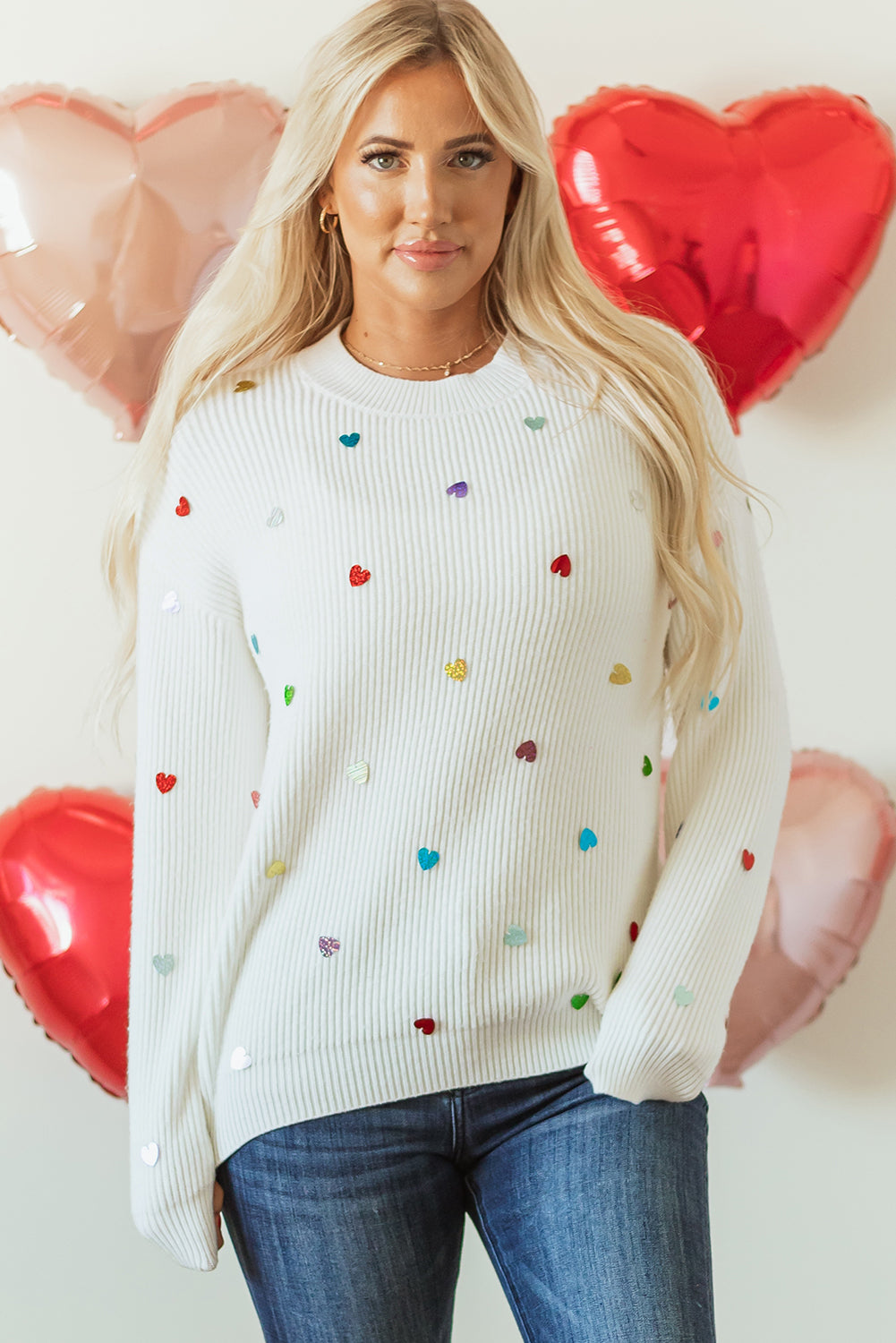 Sequin Heart Waffle Knit Sweater with Round Neck