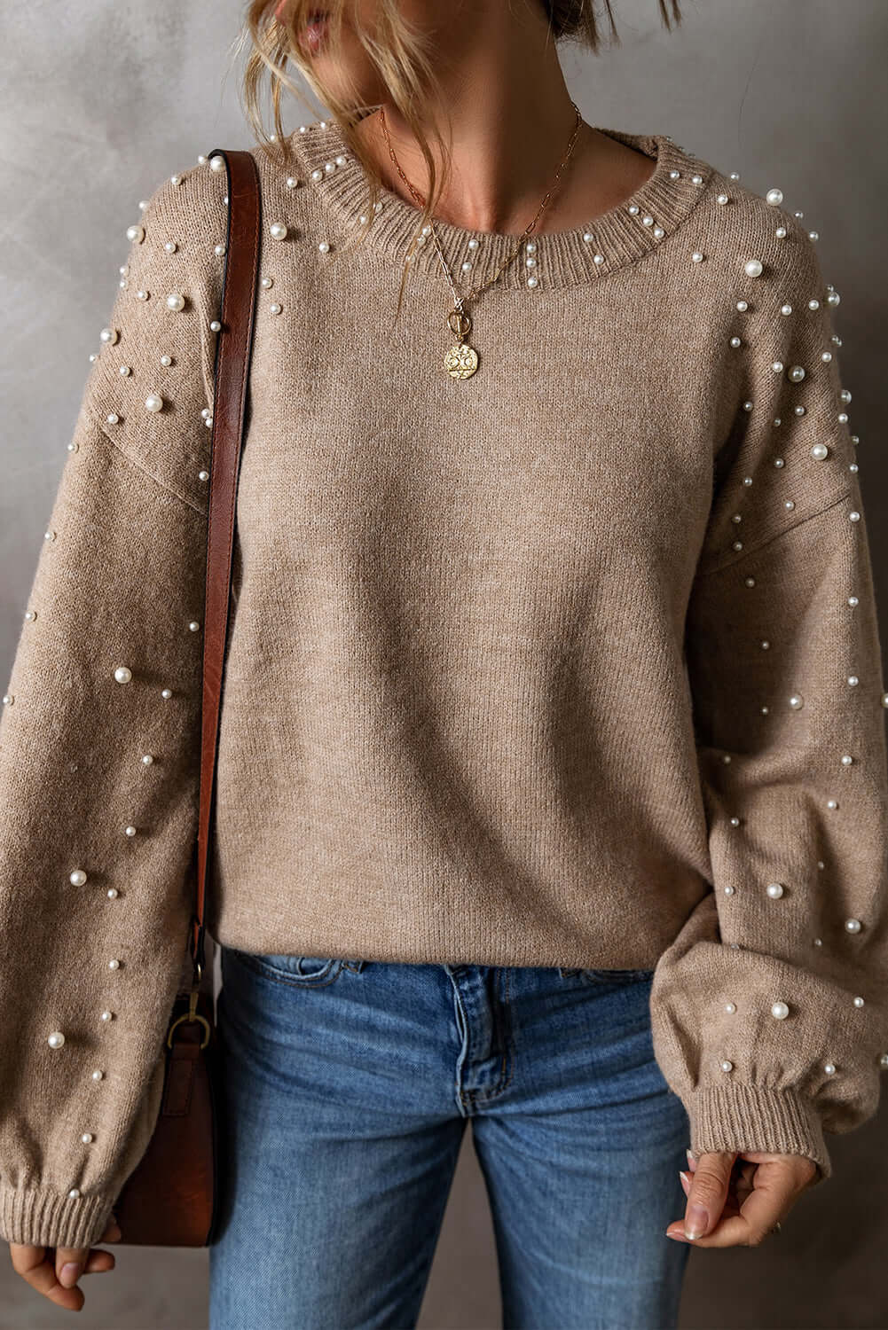 Pearled Accent Sweater - Elegant Drop Shoulder Knitwear for Women