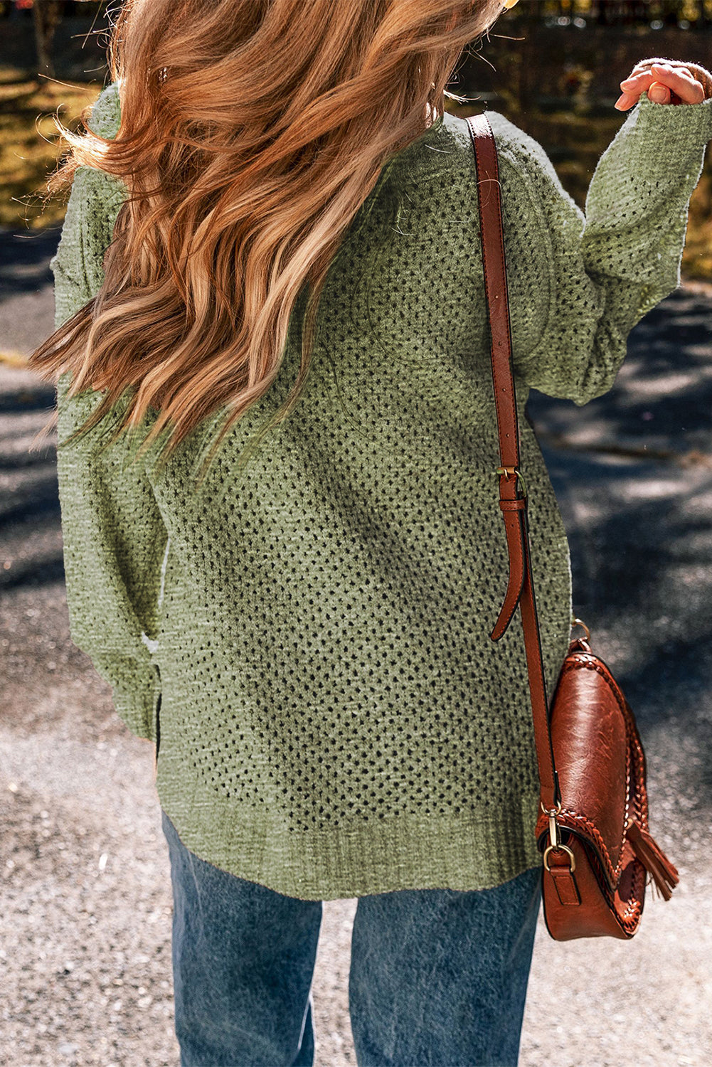 Eyelet V Neck Loose Sweater with Drop Shoulder Design