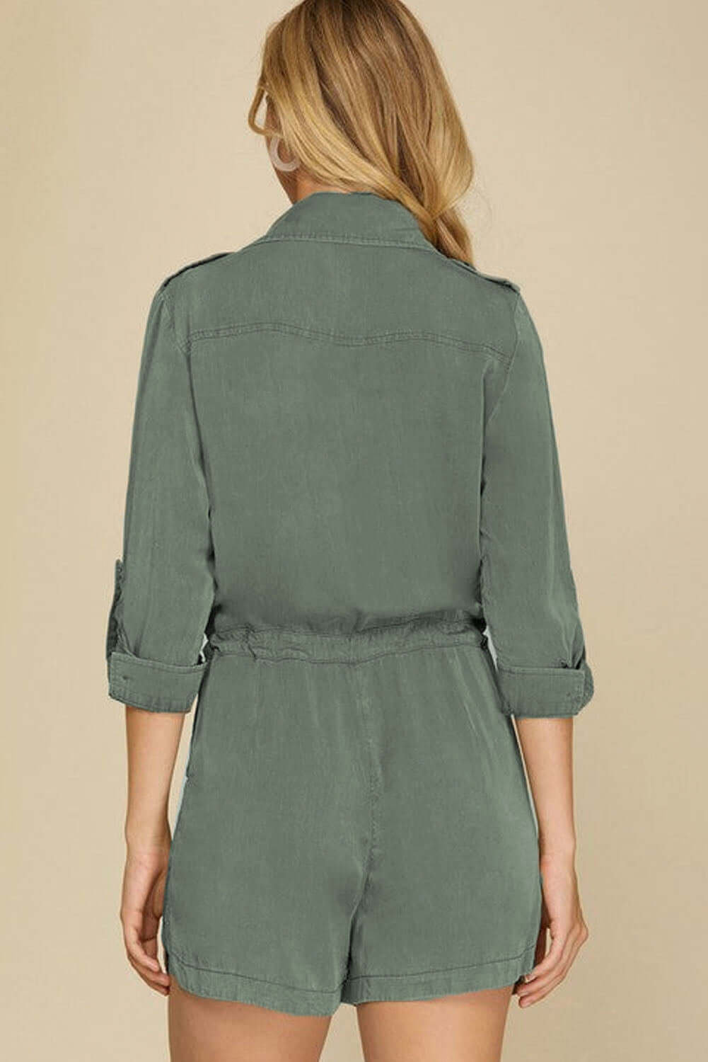 Women Playsuit - Button Front Drawstring Romper