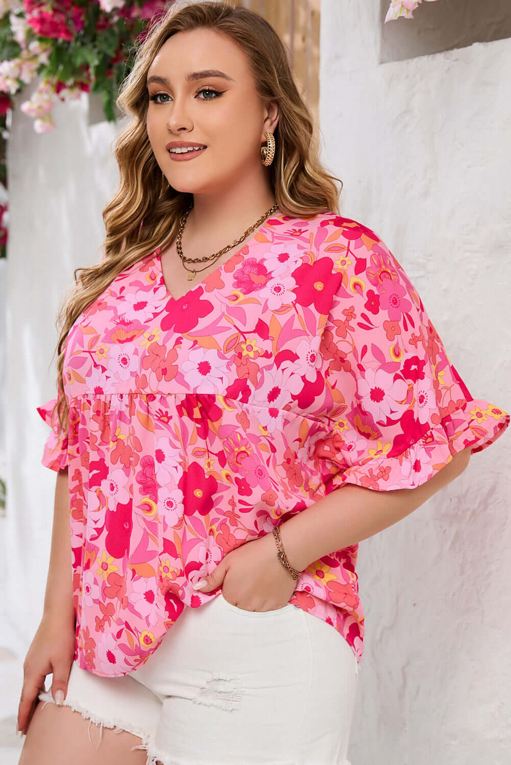 Floral Ruffled Half Sleeve Babydoll Blouse for Women 