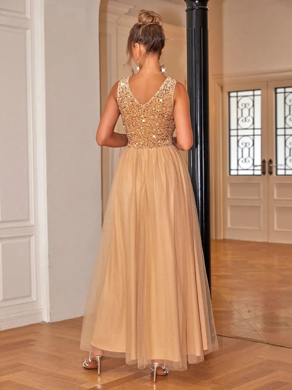 Back view of Sequin V-Neck Sleeveless Dress – sleeveless design