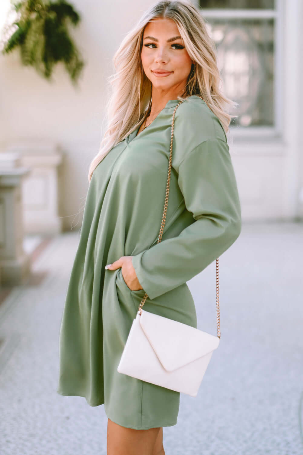 Casual V Neck Dress with Roll Tab Sleeves