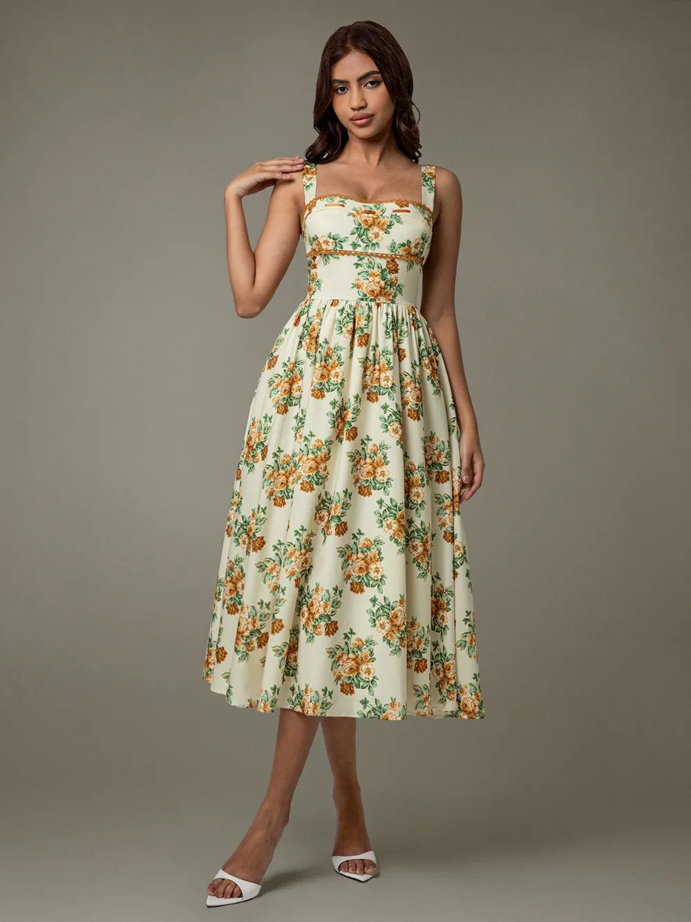 Lace Trim Floral Sleeveless Midi Dress side detail