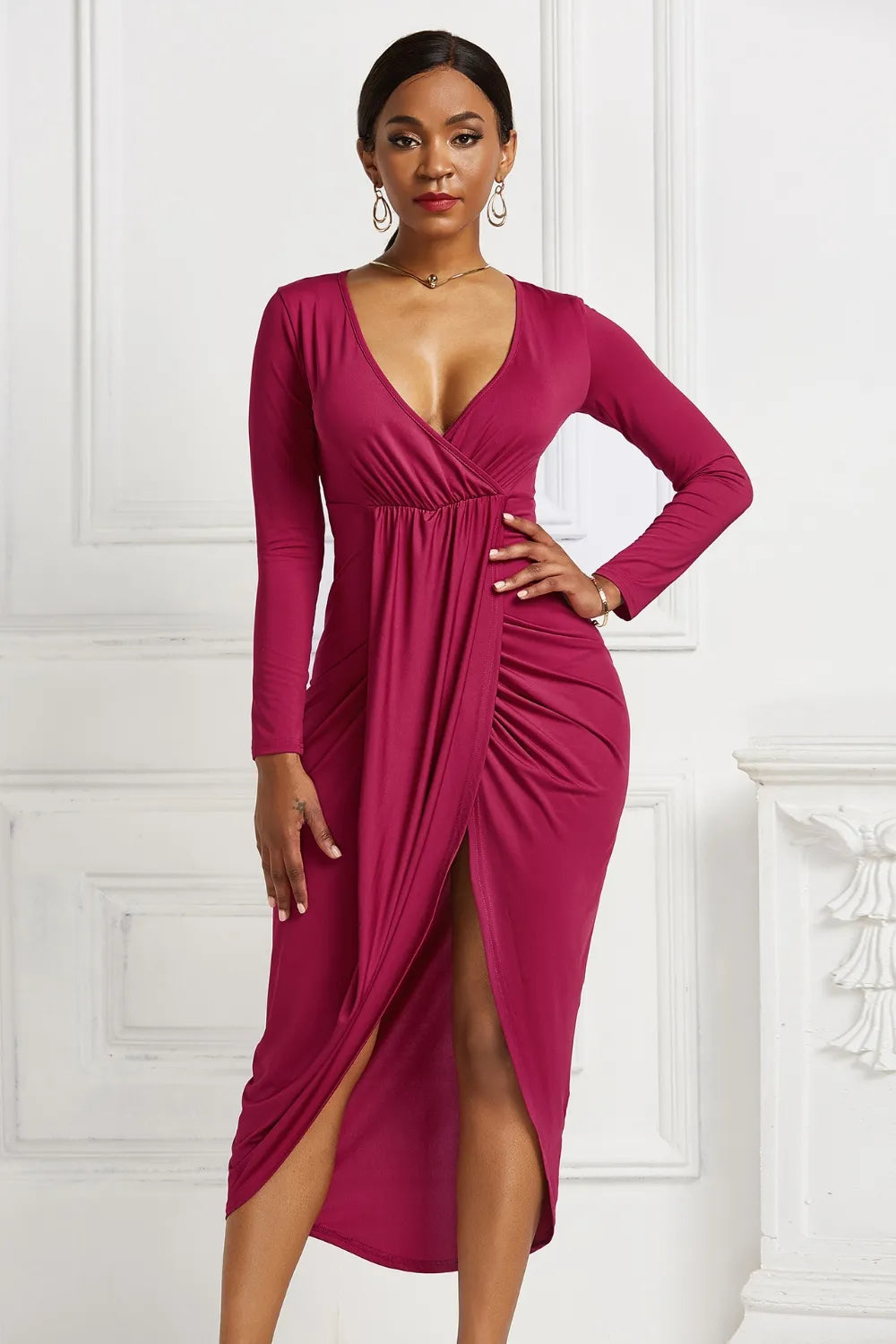 High-Low Ruched Surplice Long Sleeve Dress side view
