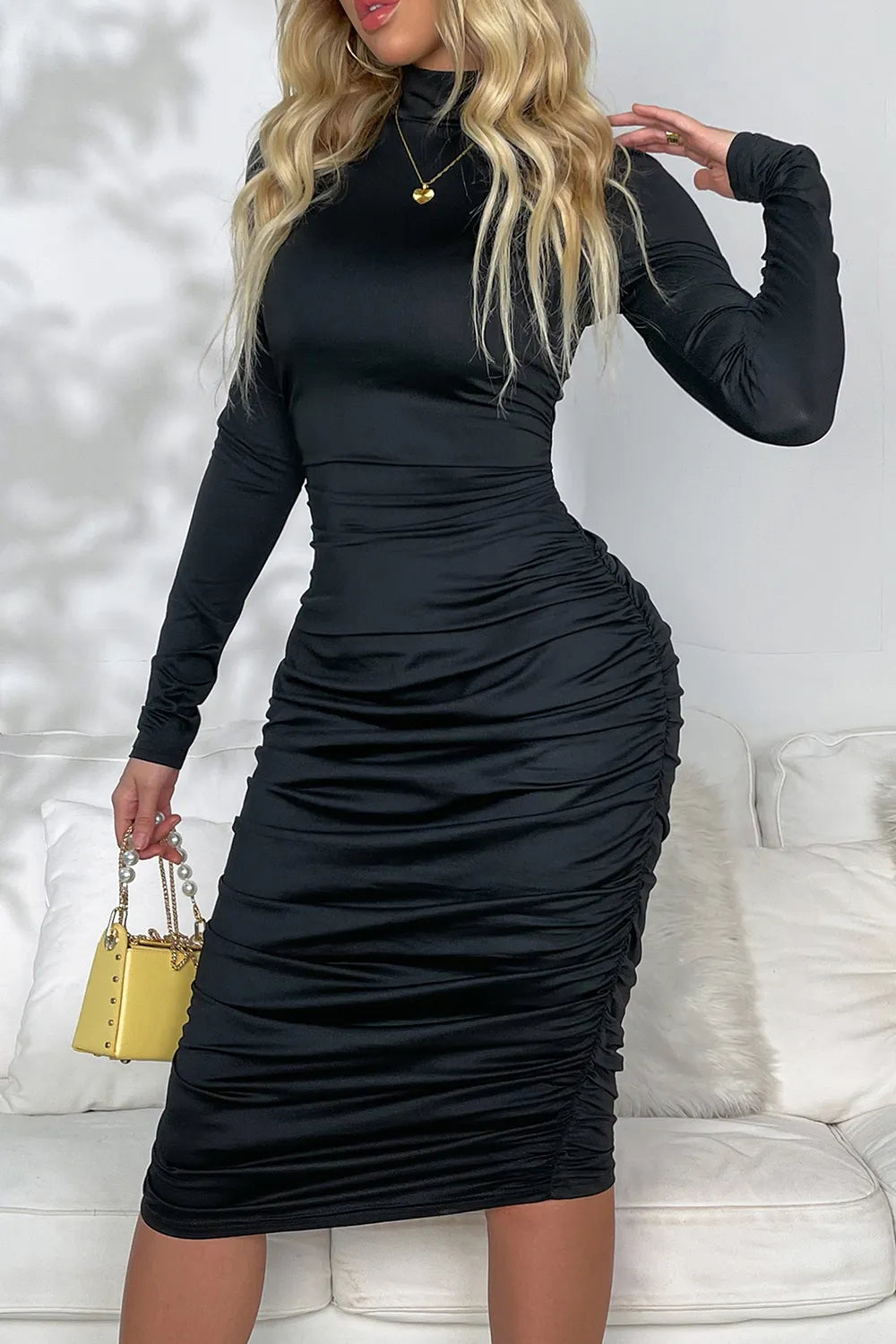 Ruched Mock Neck Long Sleeve Dress outfit inspiration