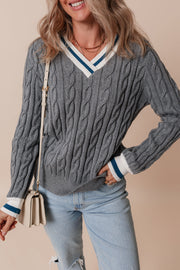 Kayle Ribbed Edge Cable Knit V Neck Sweater-0