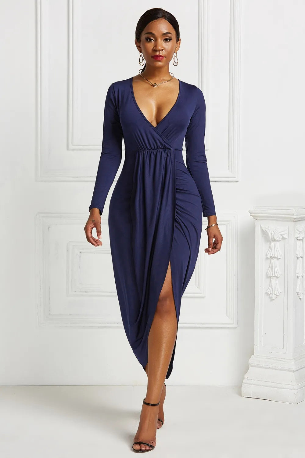 High-Low Ruched Surplice Long Sleeve Dress side view