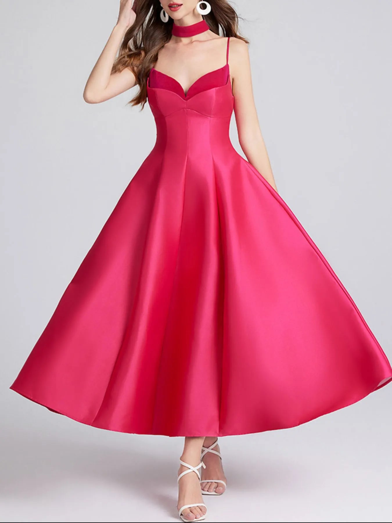 Sweetheart Spaghetti Strap Midi Dress with Collar neckline detail