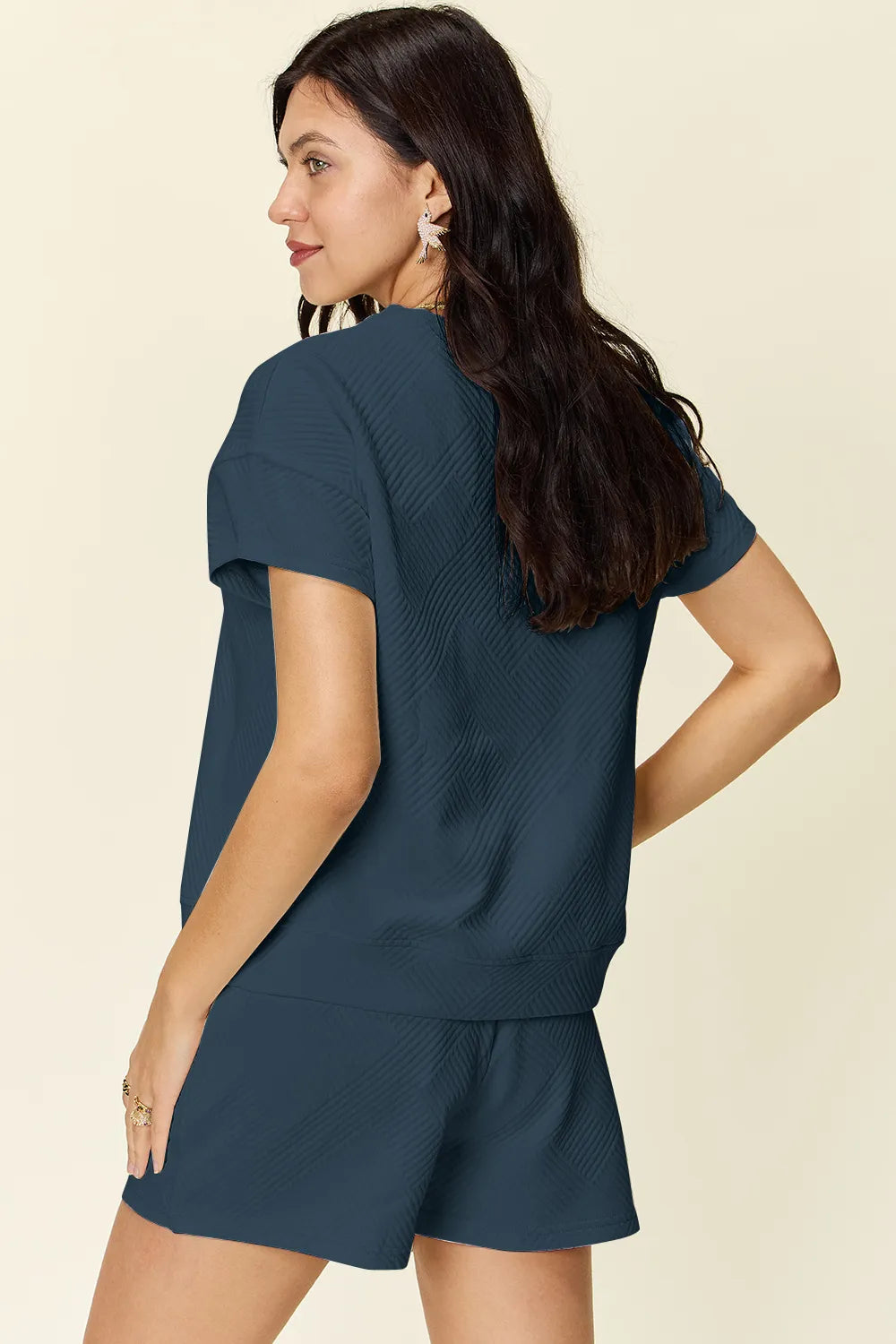 Full Size Texture T-Shirt and Shorts Set with Drawstring