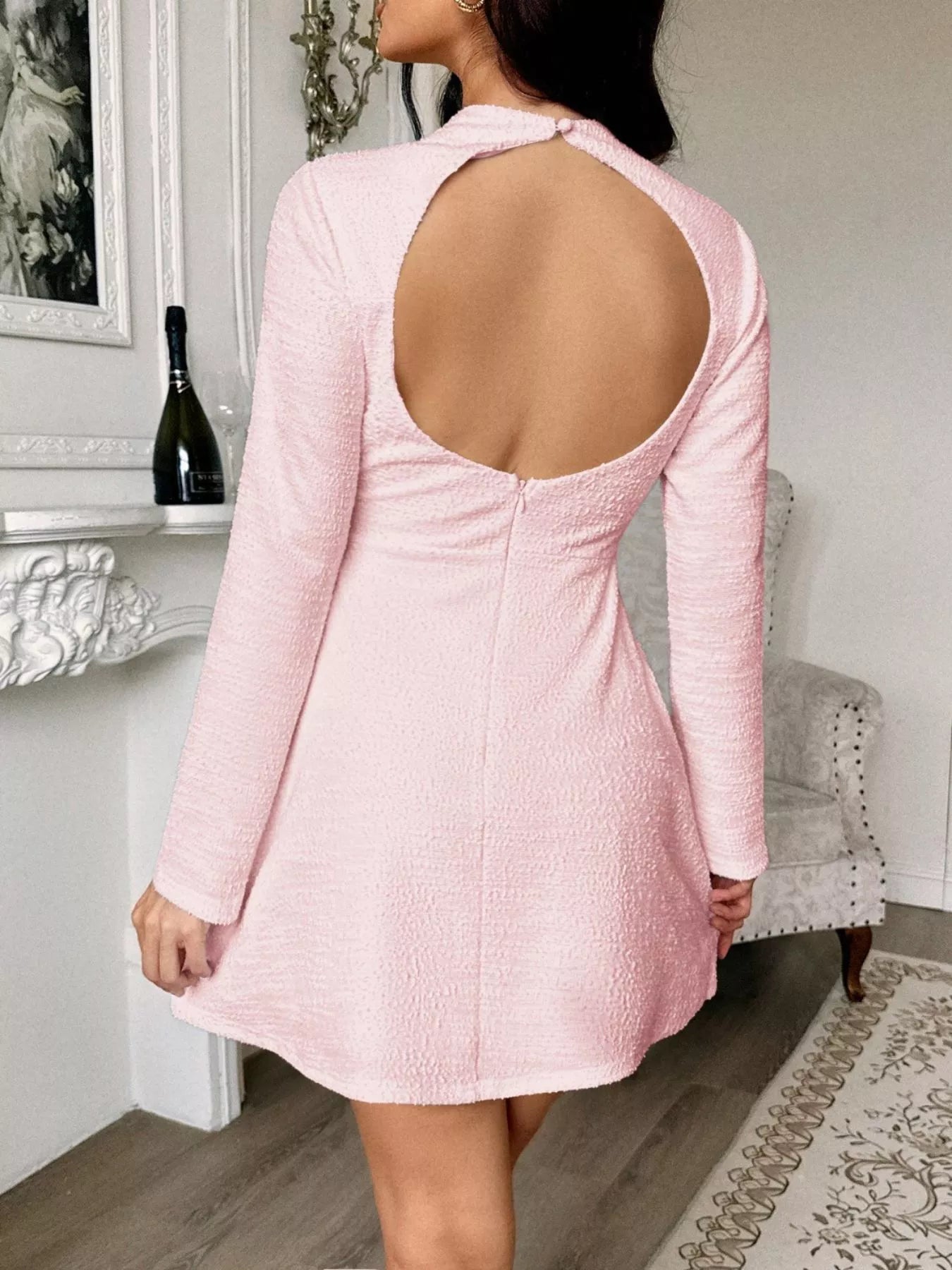  Sleek Cutout Back Long Sleeve Mini Dress Elegant Design