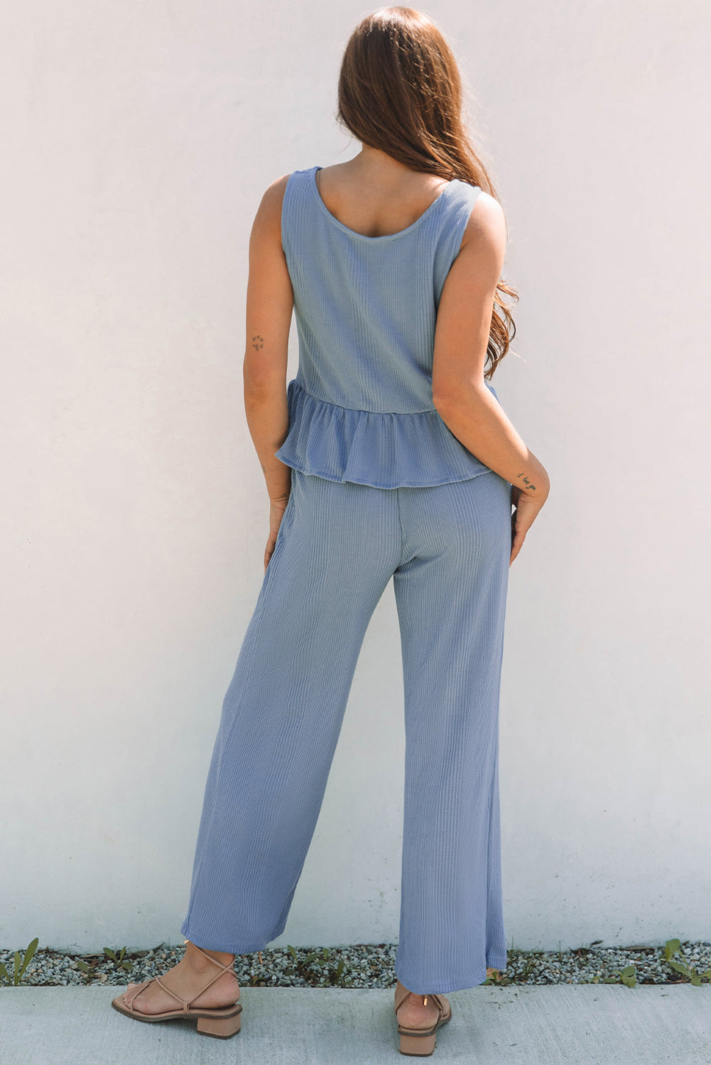 Solid Ribbed Loungewear Set with Ruffled Tank Top
