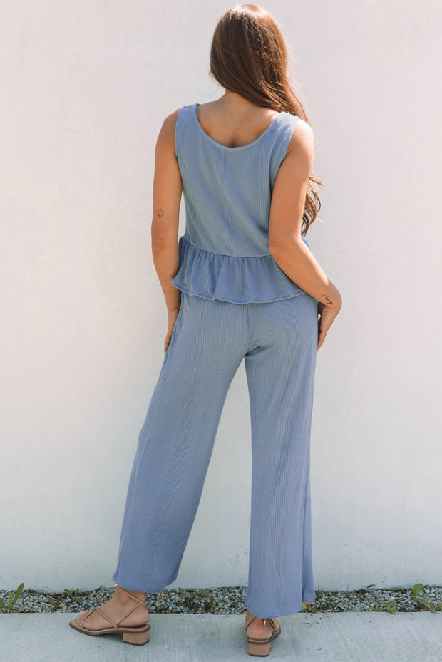 Teresa Ribbed Ruffle Tank Top and Pants Set-1