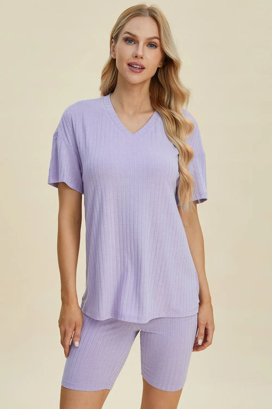 Ribbed V-Neck Short Sleeve Top and Shorts Set for Women
