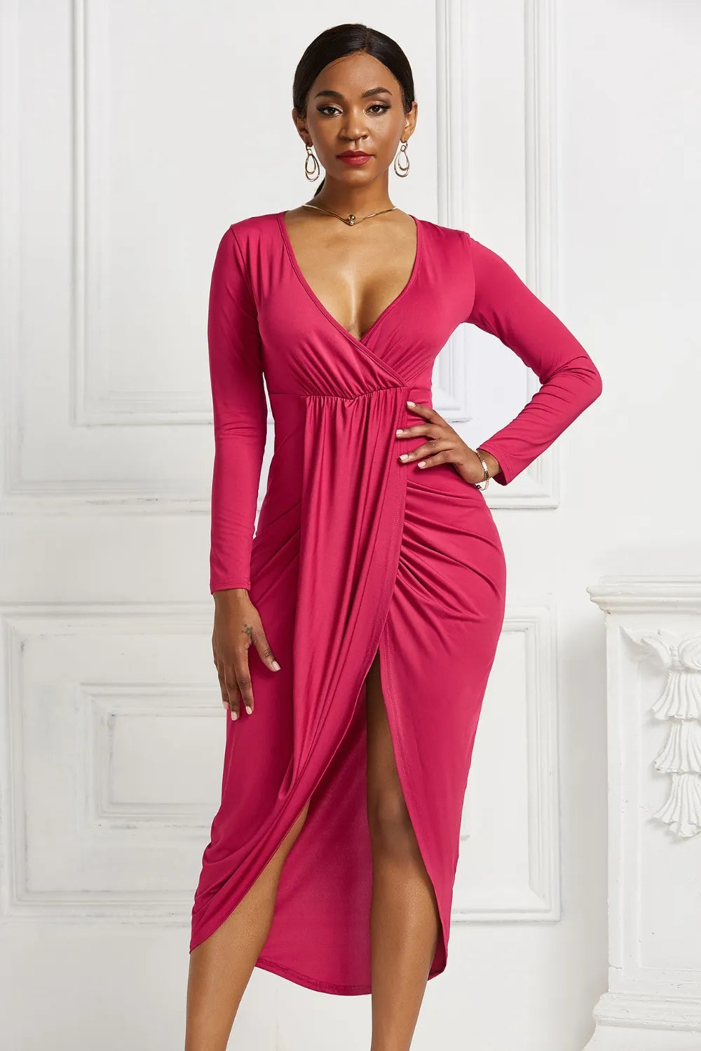 High-Low Ruched Surplice Long Sleeve Dress side view