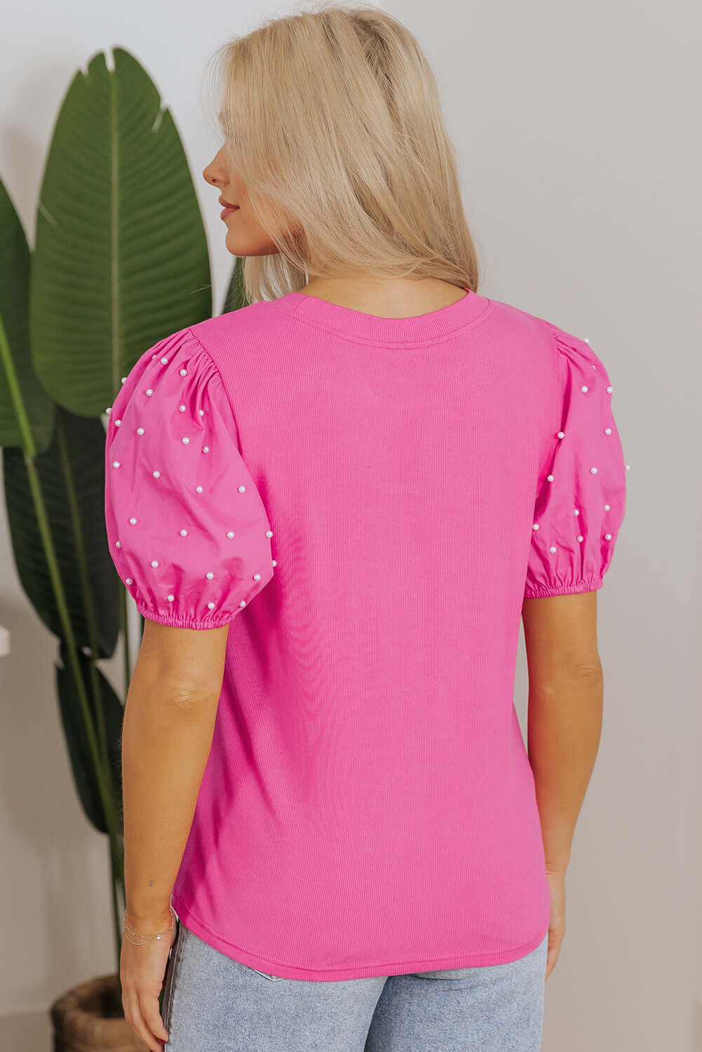 Ribbed Pearl Beaded Puff Sleeve Top with Elegant Texture