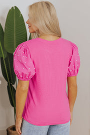 Shiloh Ribbed Pearl Beaded Puff Sleeve Top-1
