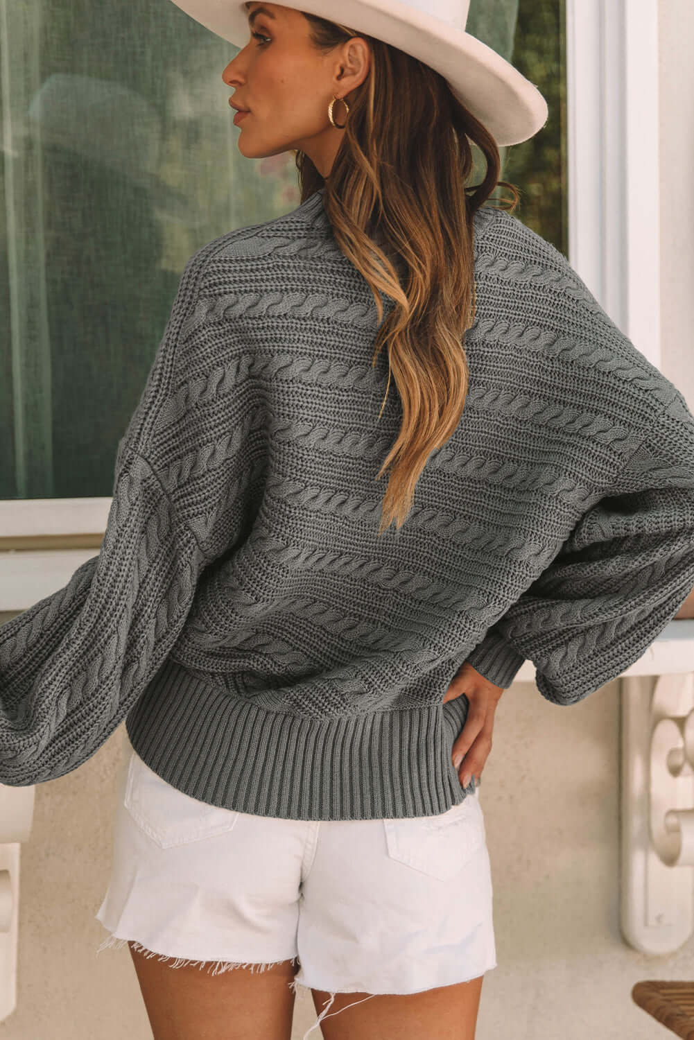 Cable Knit Lantern Sleeve Sweater with Mock Neck