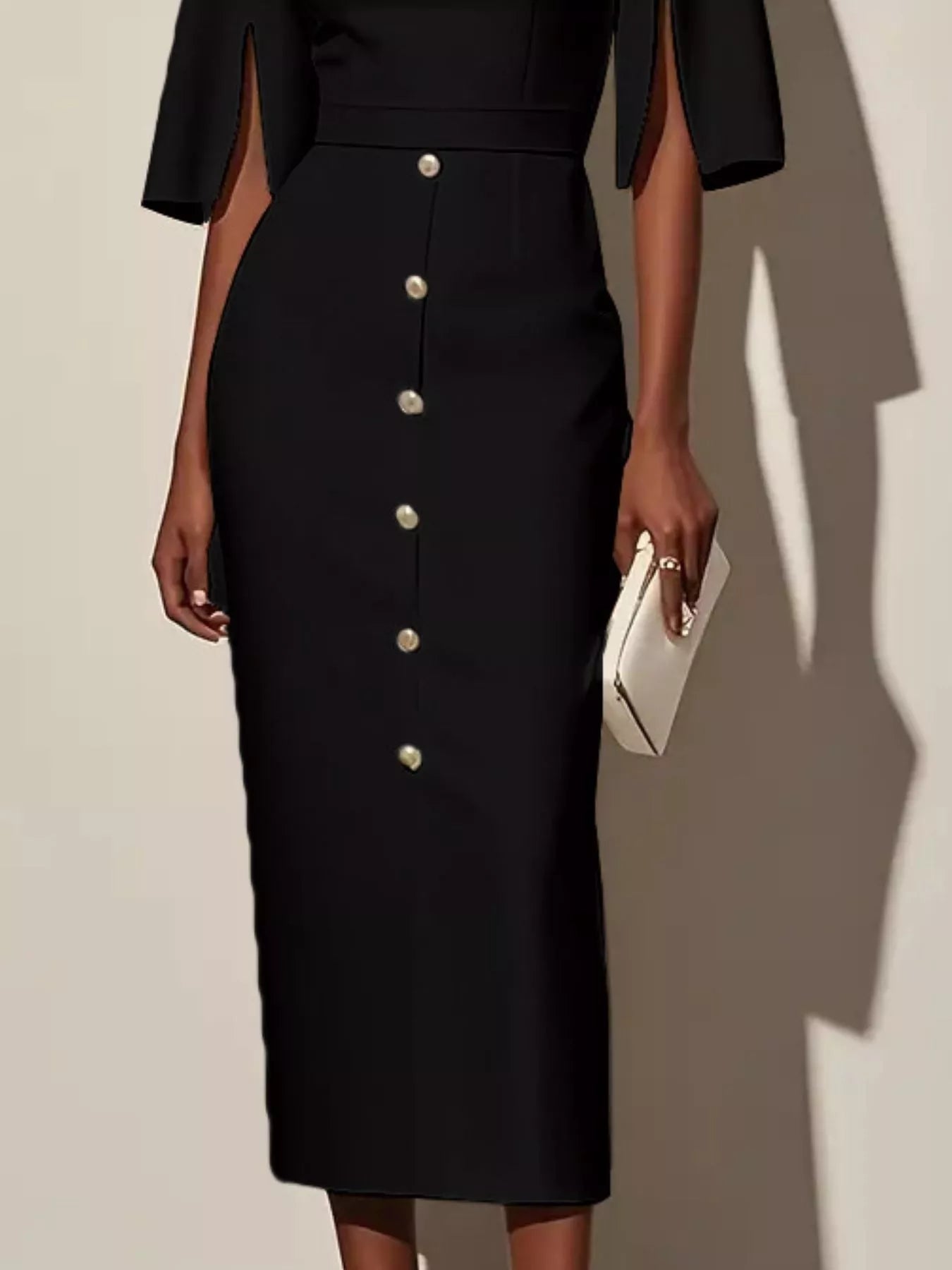 Slit Sleeve Midi Dress with Decorative Button back view