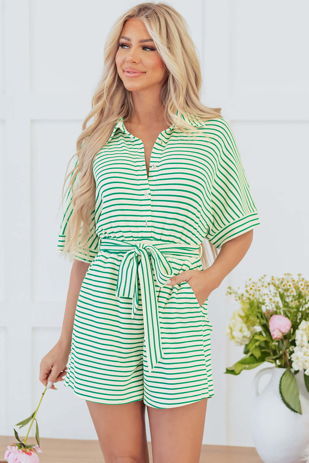 Striped Romper with Textured Fabric and Short Sleeves