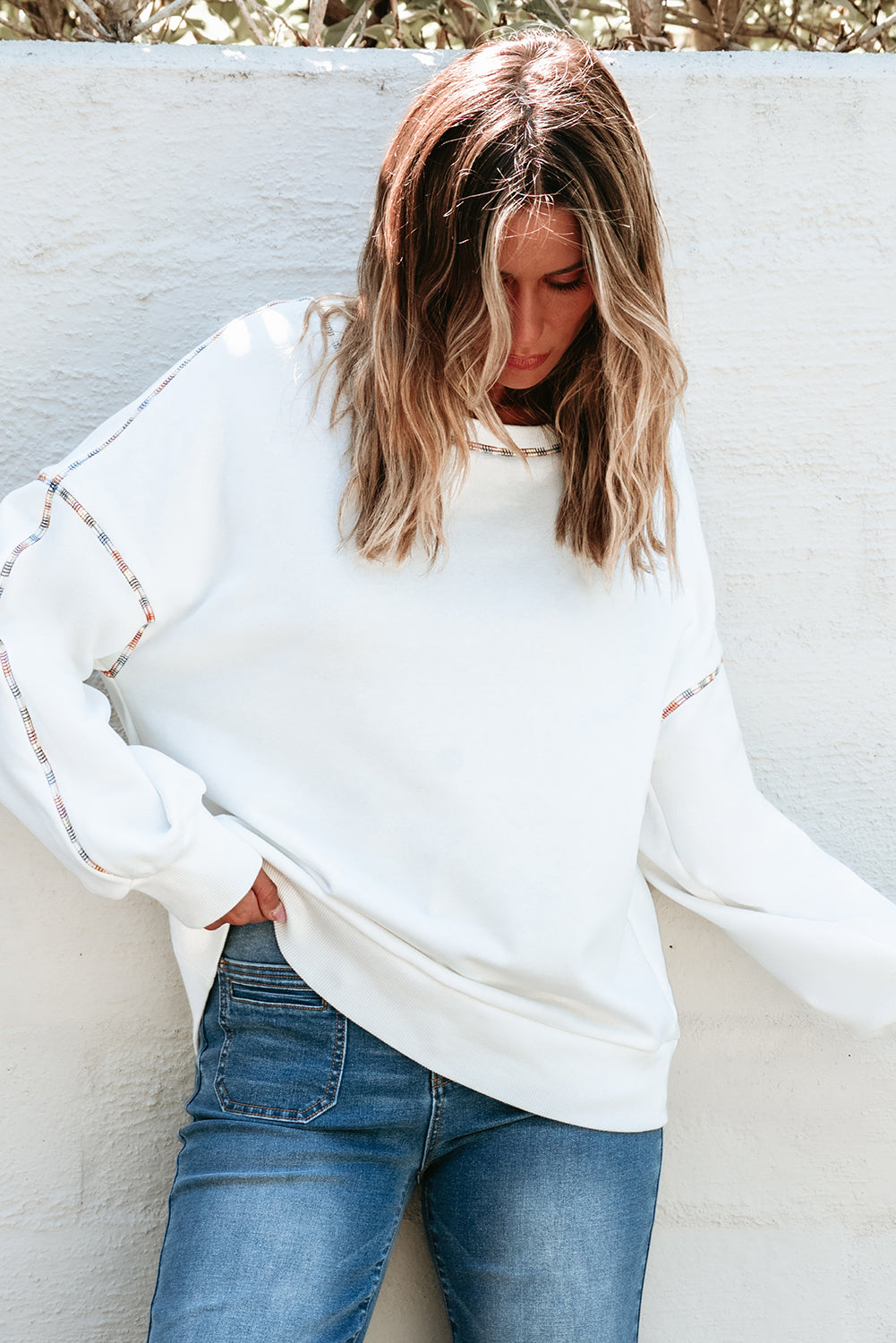 Colorful Trim Drop Shoulder Pullover for Women