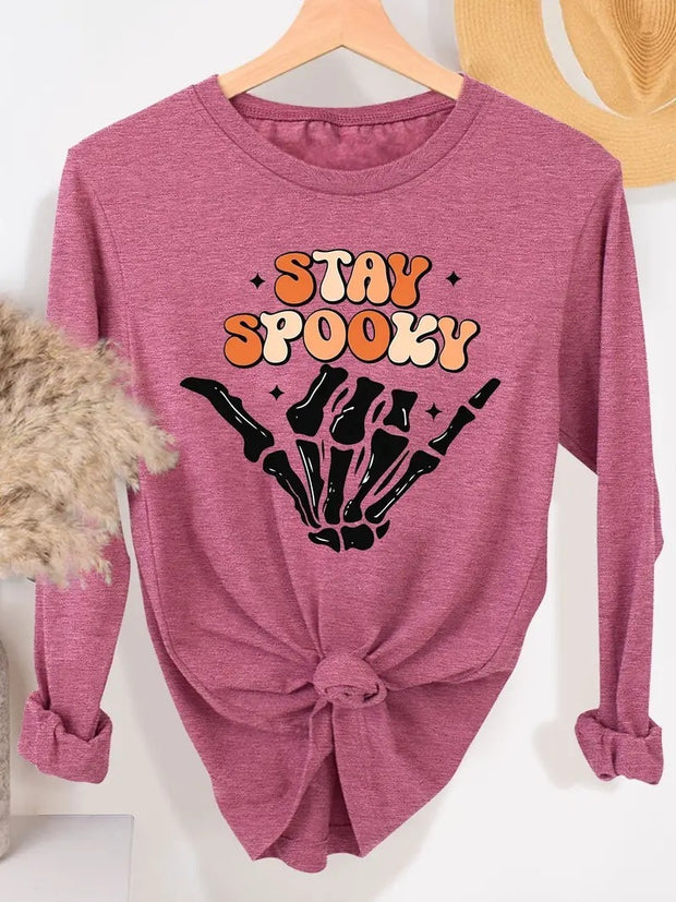 Halloween Pumpkin Pattern Round Neck Long-t-shirt