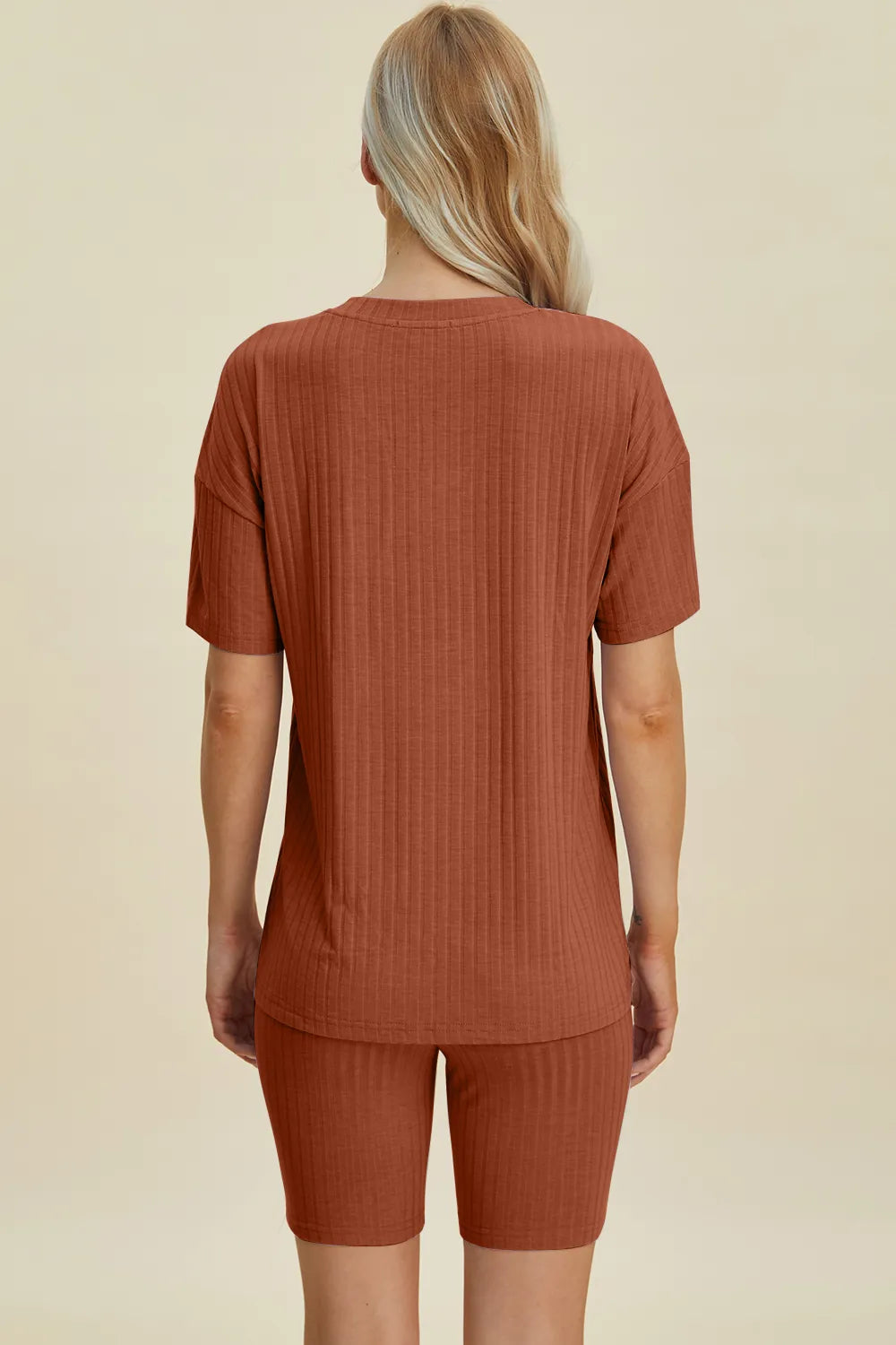 Ribbed V-Neck Short Sleeve Top and Shorts Set for Women