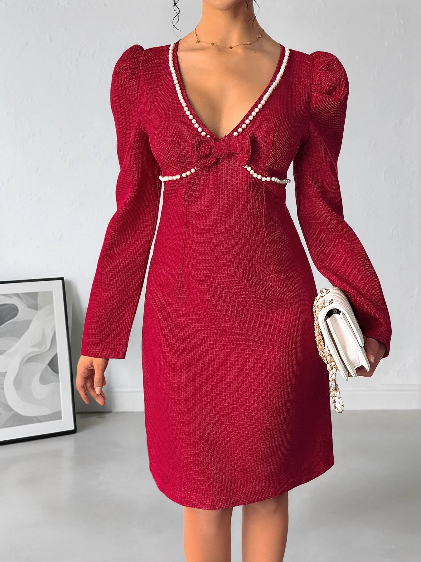  Pearl Trim V Neck Long Sleeve Bodycon Dress Elegant Fit