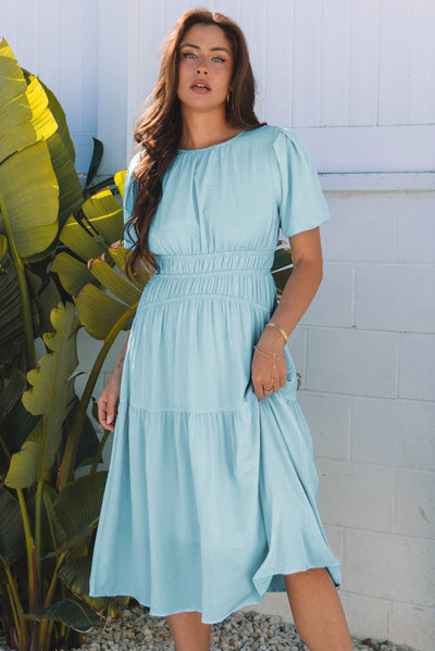 Lara Puff Sleeve Pleated High Waist Midi Dress-0