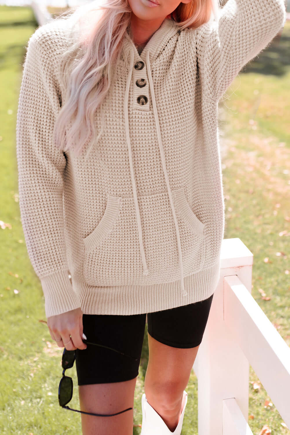 Waffle Knit Hooded Sweater With Button Neckline