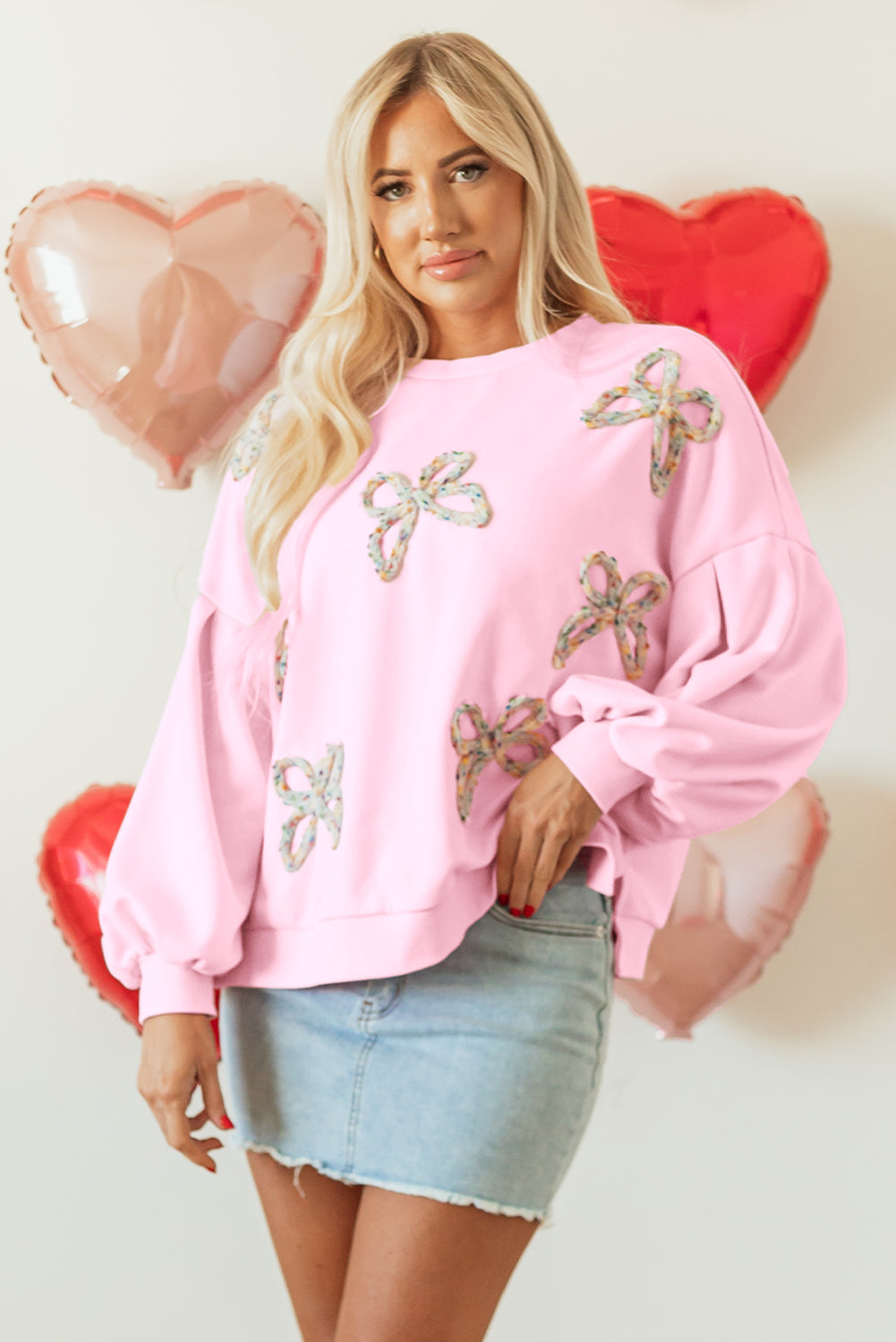Embroidered Bow Oversized Sweatshirt with Lantern Sleeves