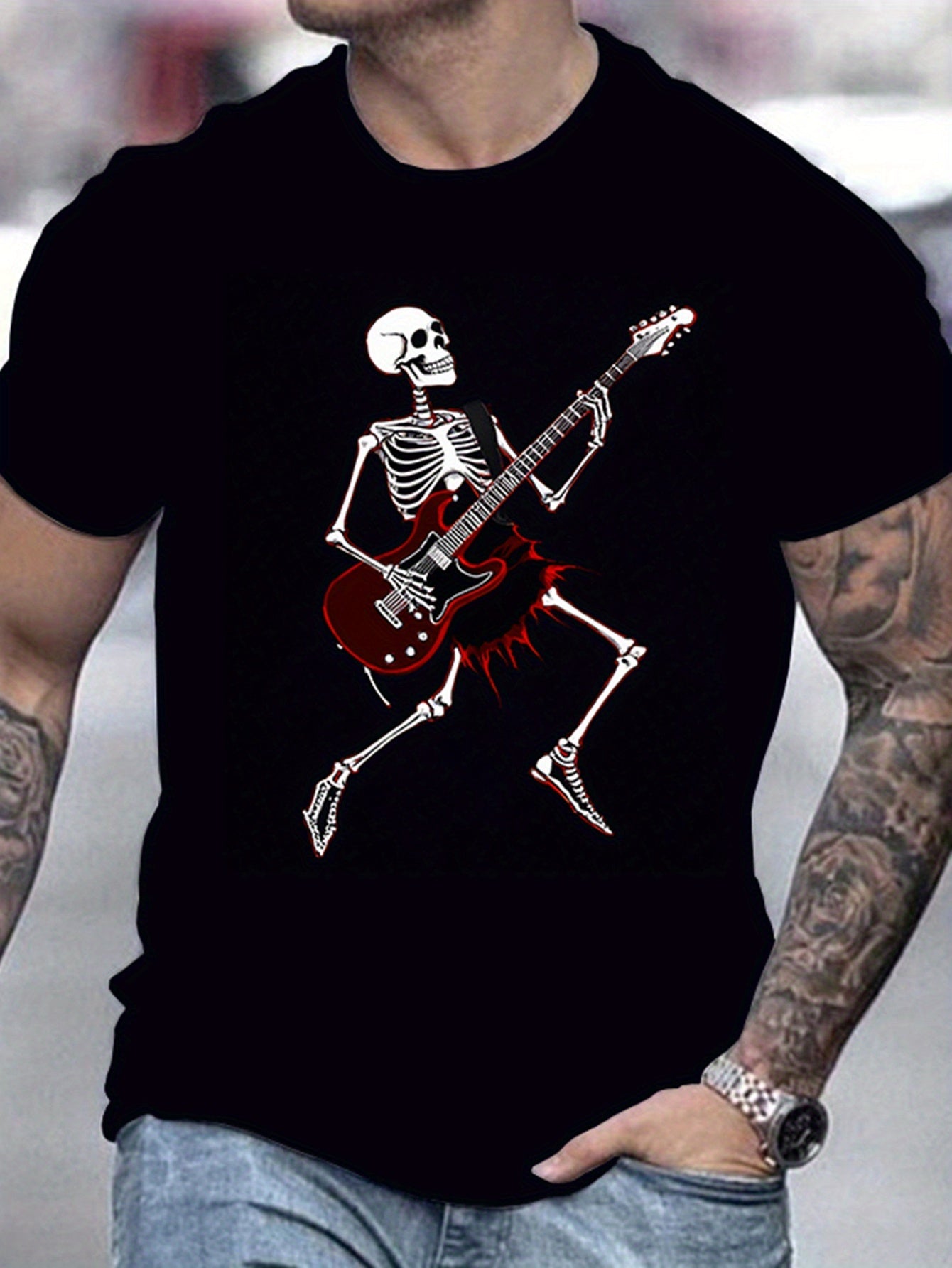 Men's Skull Guitar Patterned Round Neck T-shirt, Summer Casual Streetwear, Casual And Halloween Party Wear