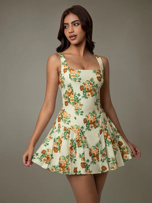  Floral Sleeveless Mini Pleated Dress Elegant Summer Look