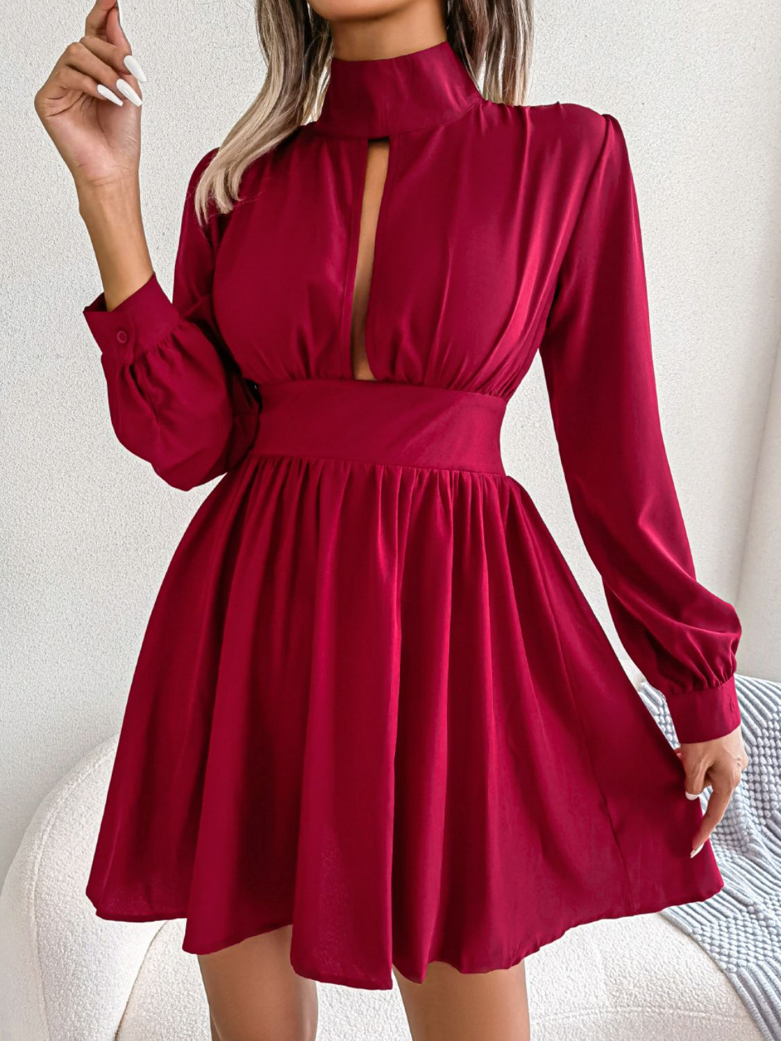  Keyhole A Line Mini Dress Casual Long Sleeve Style