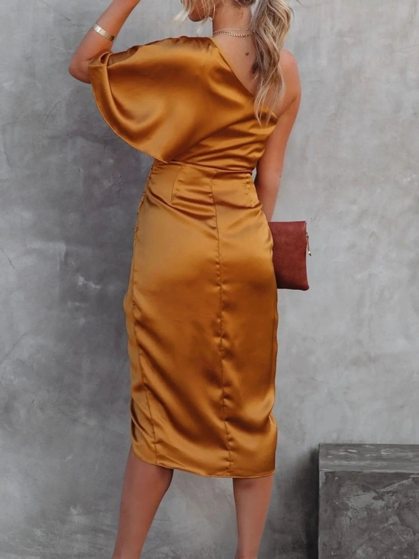 One Shoulder Satin Wrap Dress with Side Slit