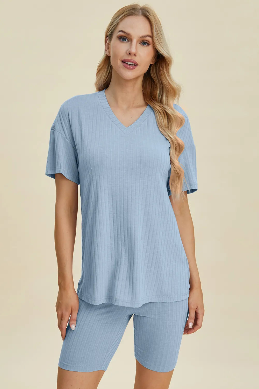 Ribbed V-Neck Short Sleeve Top and Shorts Set for Women