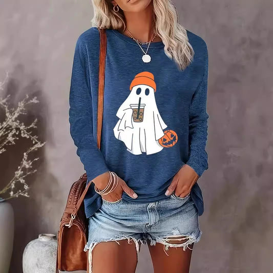 Halloween Pumpkin Pattern Round Neck Long-t-shirt