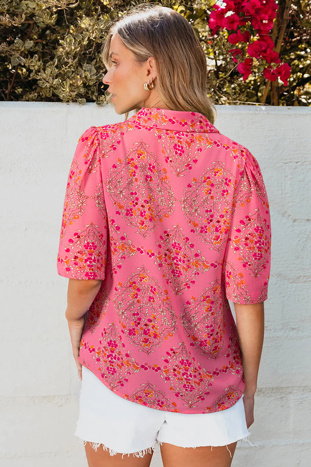  Floral Short Sleeve Top with Collared Neckline