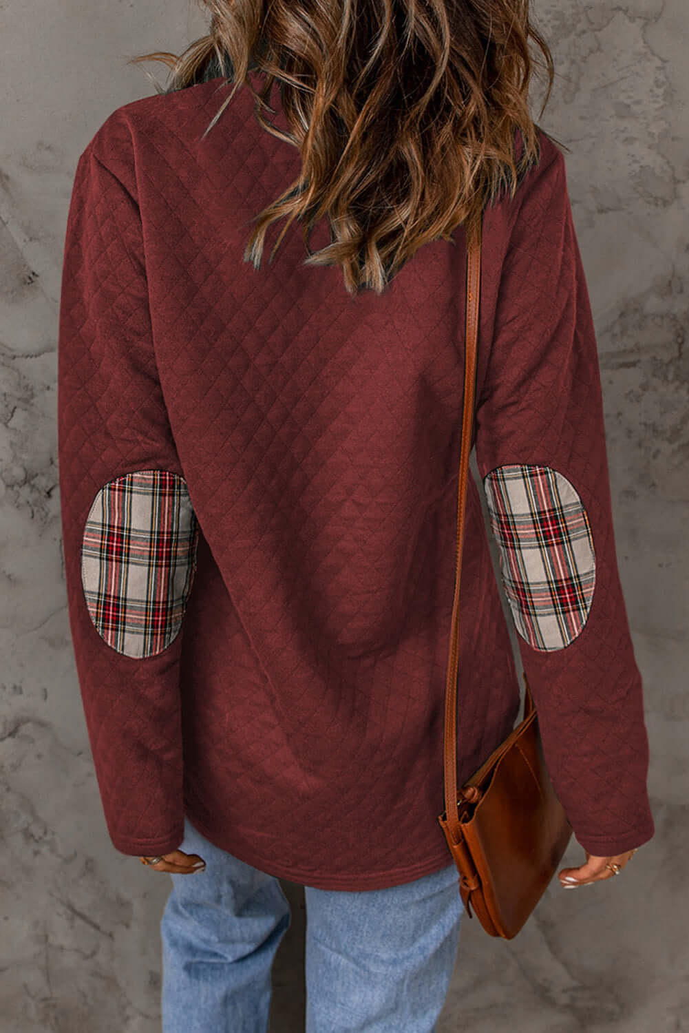 Plaid Trim Sweatshirt with Geometric Texture Design