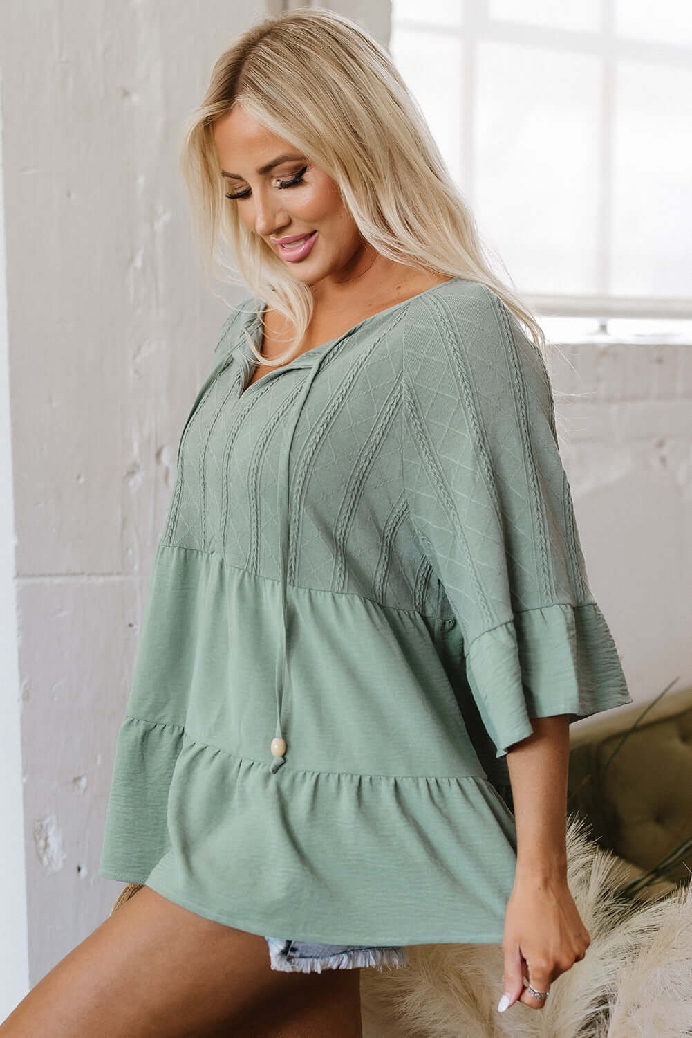 Ruffle Patchwork Blouse - Textured Split Neck Top